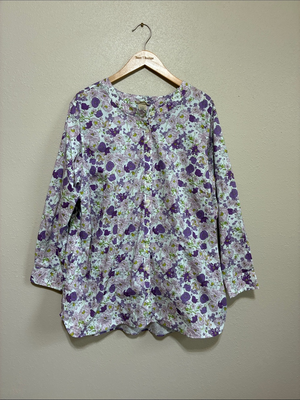 Duluth Trading 1X Purple Floral Print Stretch Cotton Button Up Top Garden Party